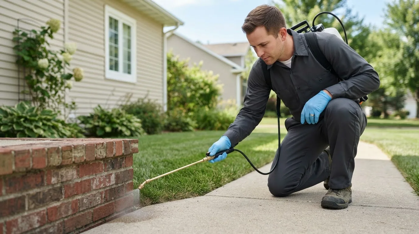 Pest control technician treating a home near Udell, IA
