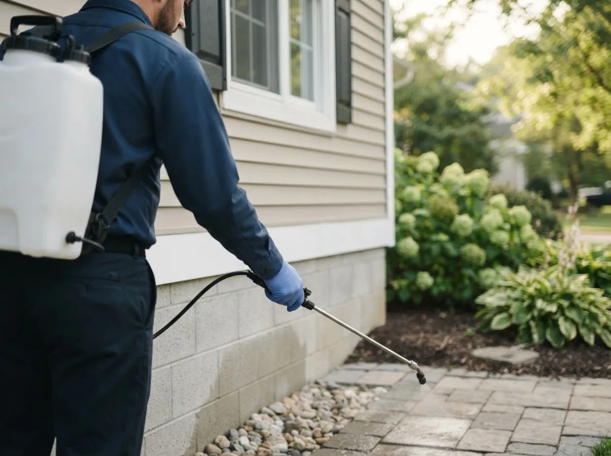 Pest control technician inspecting a home in Udell, IA